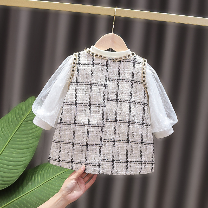 Children's and girls' dress for spring and autumn, children's and girls' baby checkered two-piece set, princess dress, children's autumn dress Item Picture