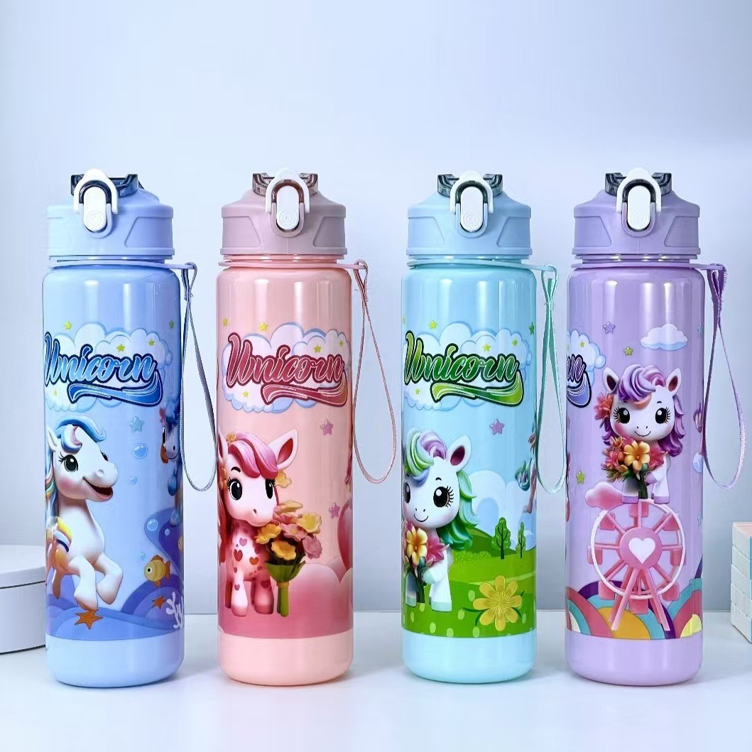 Wholesale new unicorn children's cartoon water cups, transparent handle portable space cups, cross-border cartoon plastic cups full figure