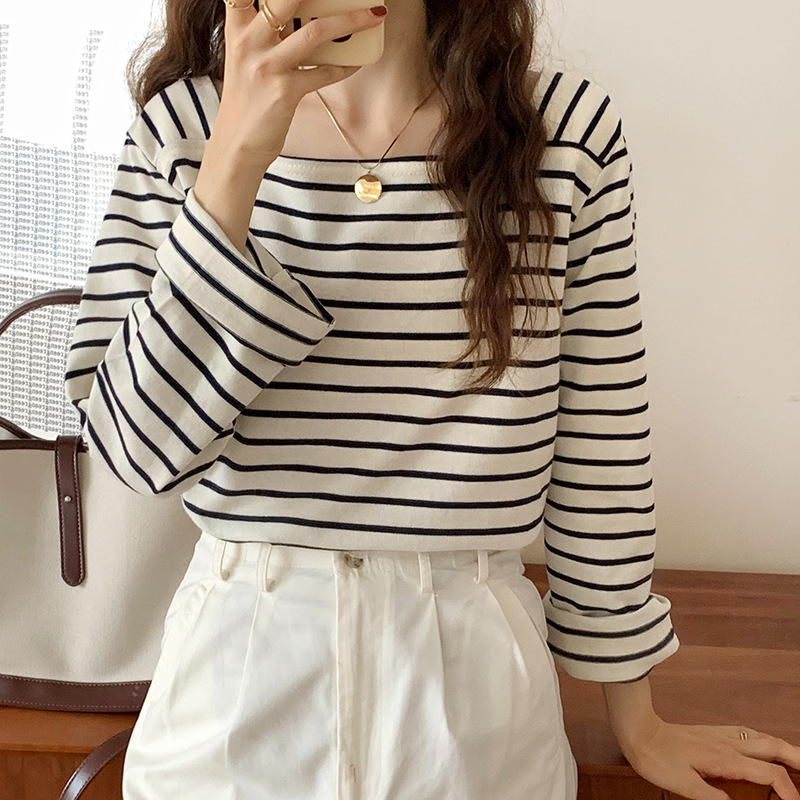 韩国2023秋季法式方领条纹长袖T恤女装潮设计感宽松百搭上衣260克