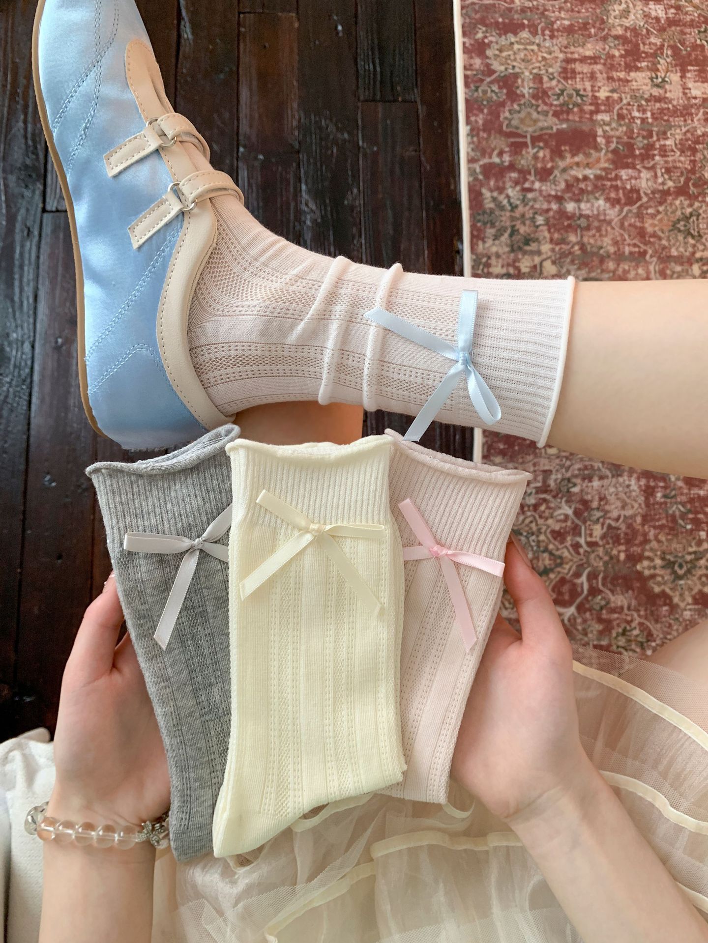 袜子地摊一件代发芭蕾风长筒袜子女甜美蝴蝶结夏季薄款吸汗透气韩系ins无骨堆堆袜一件代发详情6