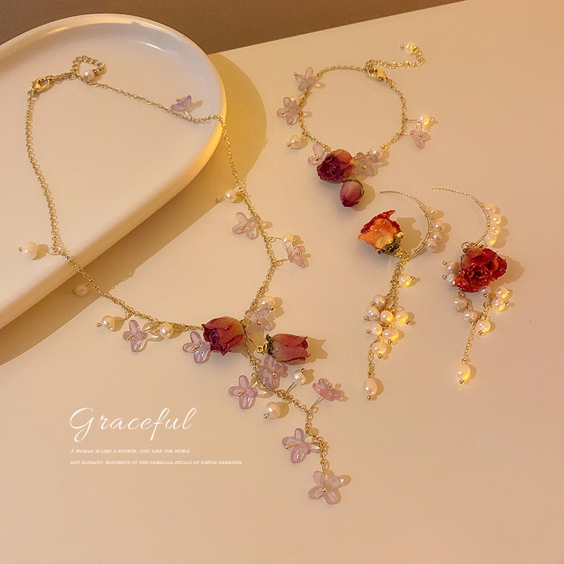 Korean fashion flower pearl bracelet necklace earrings set super fairy rose temperament gentle clavicle chain ear ornaments female details Picture