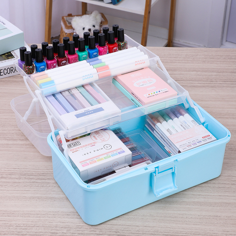 Medium-sized three-layer storage box, Guka set, toys, stationery storage, art toolbox, home suitcase, medicine box details Picture