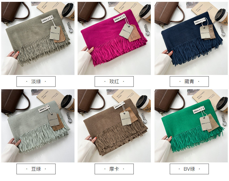 新款300克纯色仿羊绒围巾女冬季高级感 爆款百搭羊绒手感流苏披肩详情21