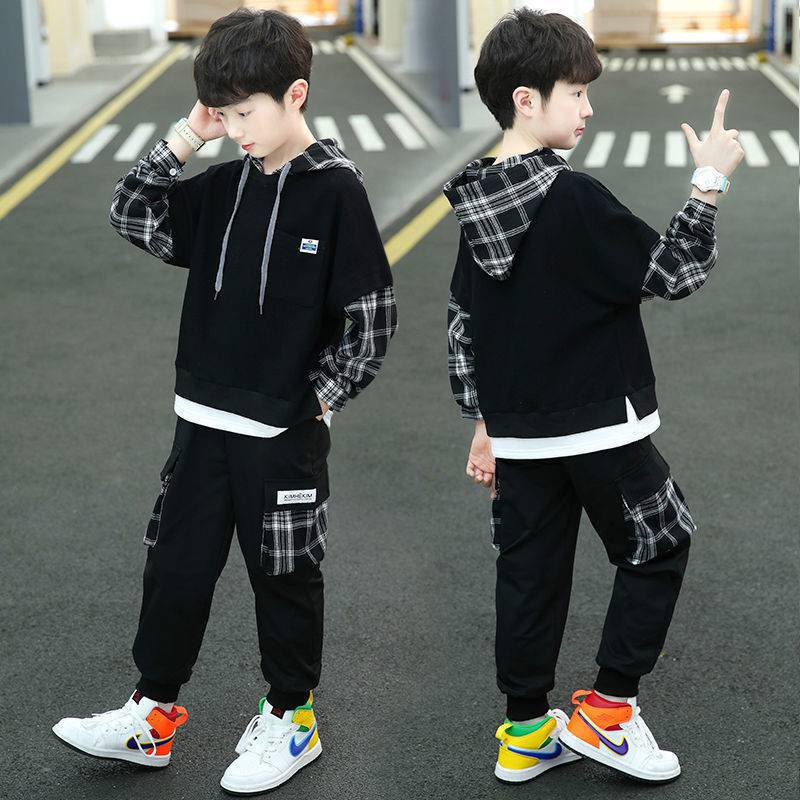 Boys' autumn and winter set, Children's 8 sports 9 Winter 10 fleece hoodie and long pants two-piece set, big boys' clothing for 12 years old