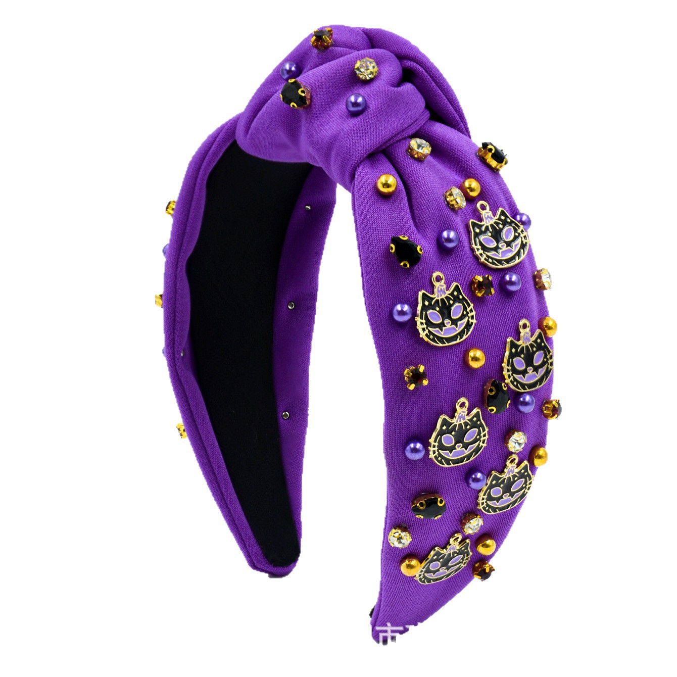 Qiwei Accessories' exclusive cross-border new Halloween fabric, paired with pearl diamond skull alloy accessories, knotted wide edge fashionable hair accessory for women Item Picture