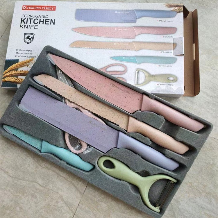 不锈钢麦秸秆套刀彩色六件套套装家用厨房刀具产品麦秆六件套刀