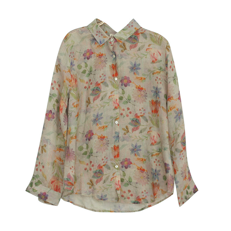 Artistic and versatile long-sleeved printed shirt for women, 2022 Spring and Autumn new large-sized Tense ramie casual top, Trendy 9975 Item Picture