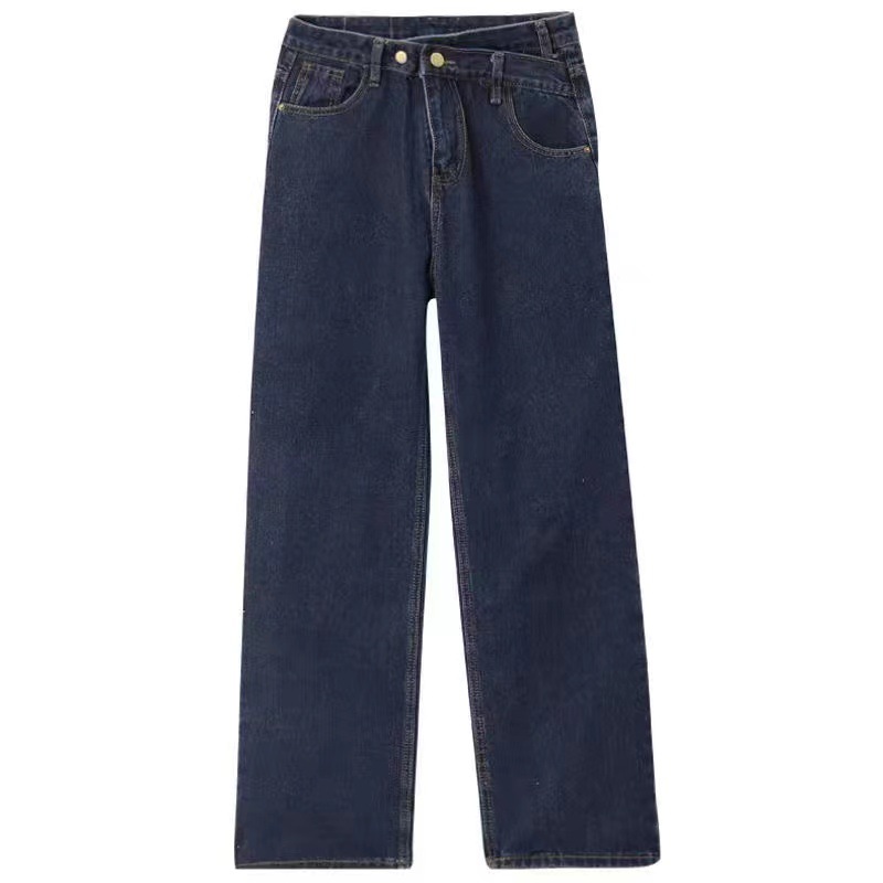 Blue-gray wide-leg jeans for women, spring and autumn, plus-size, chubby girls, Korean-style loose high-waisted irregular straight floor-length pants Item Picture