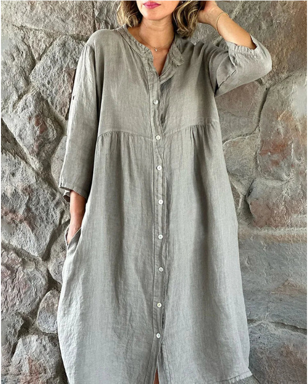 Wholesale of the new cotton and linen solid-color casual button long dress on Amazon and ebay cross-border women's Clothing AliExpress in 2023 Application Scenario