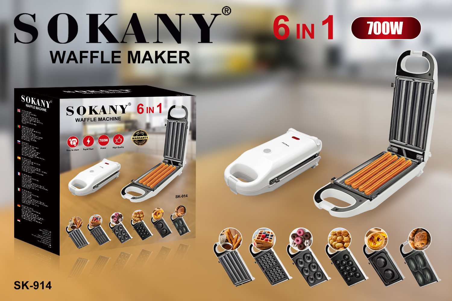 Cross-border SOKANY914 waffle machine, multi-functional heating 6-in-1 sandwich maker, home baking electric pancake breakfast machine Specification image