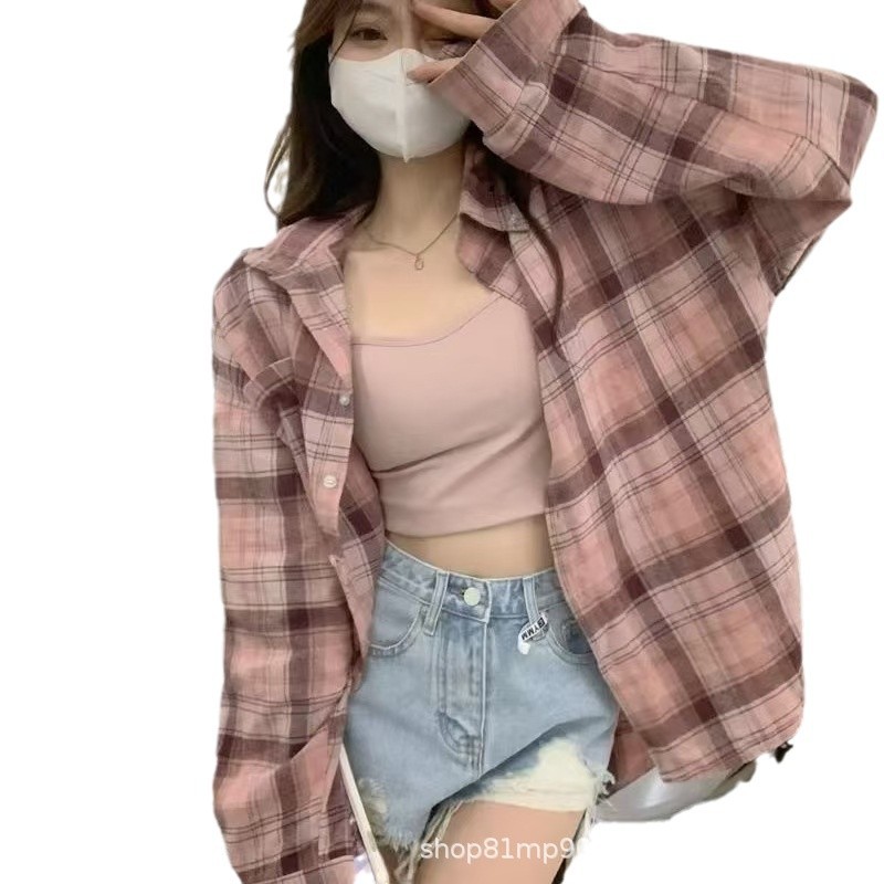 衬衫女/衬衫全棉格子女/上衣桑蚕丝/衬衫/衬衫女长袖百搭白底实物图