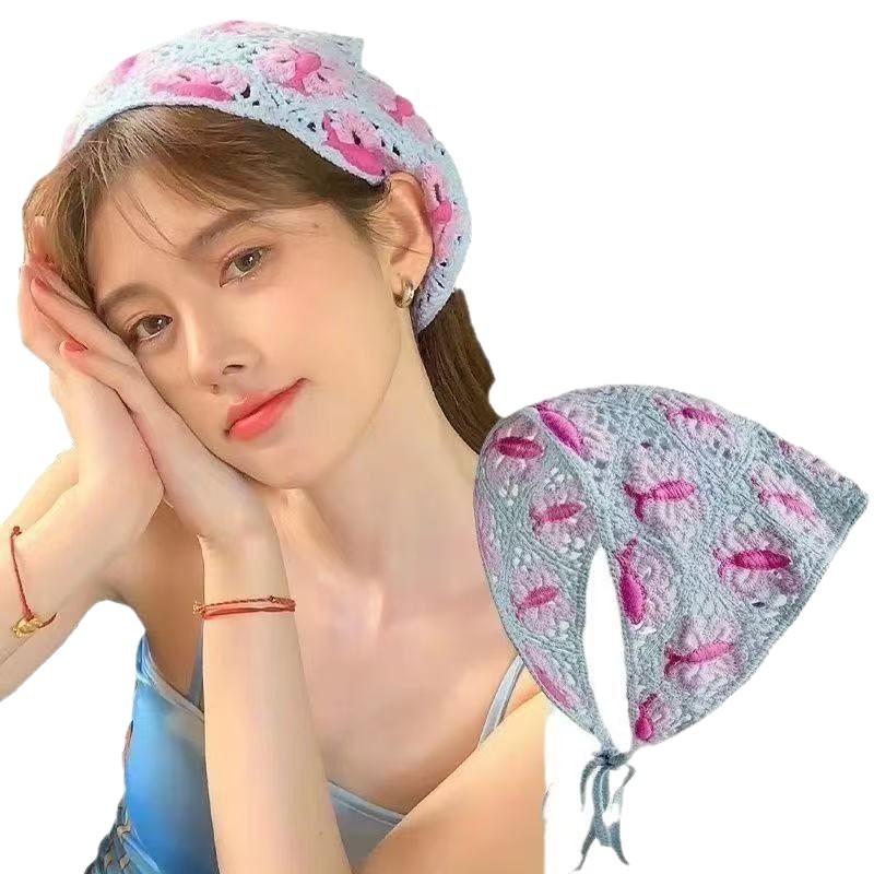 French lace knitted triangular scarf, flower retro Japanese headscarf, hair band, versatile small scarf, photo hair accessory for women Item Picture