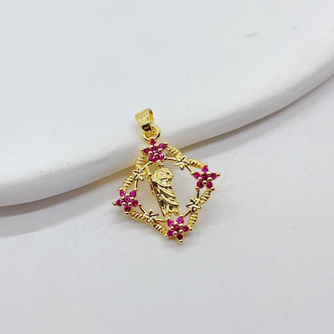 European and American copper-plated real gold micro-inlaid hollowed-out zircon copper square Virgin Mary colored zircon DIY pendant Item Picture