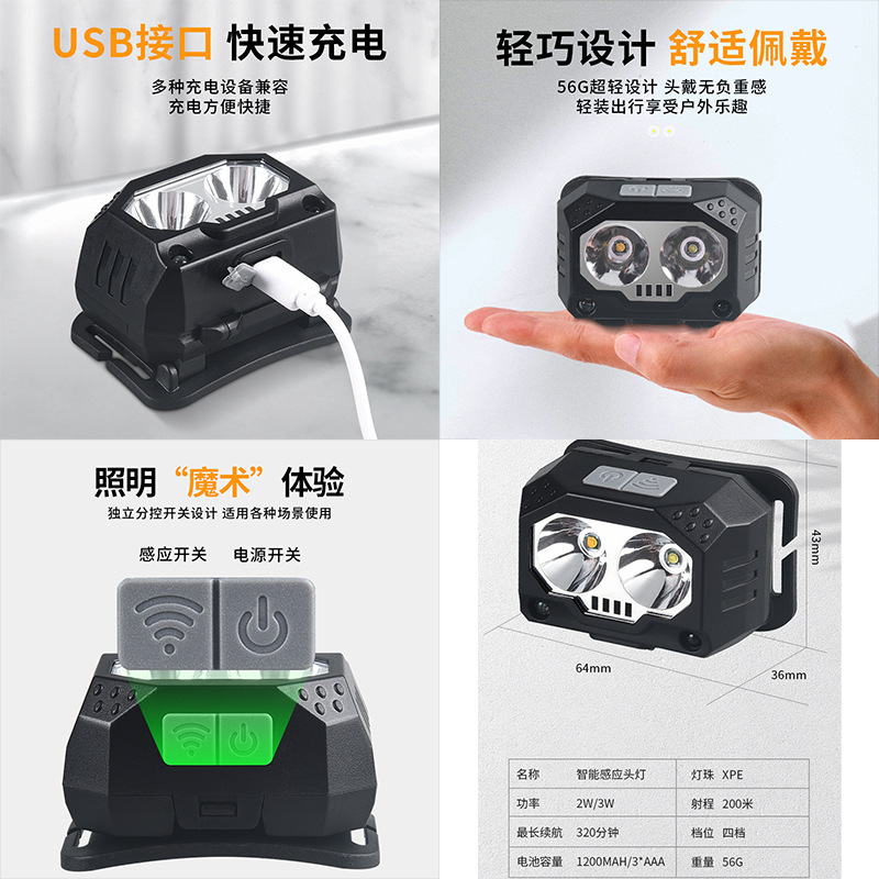 Intelligent Sensing Headlamp Strong Light Super Bright Yellow And White Led Dual Light Usb Charging Outdoor Night Running Riding Headwear Mine Light Specification drawing