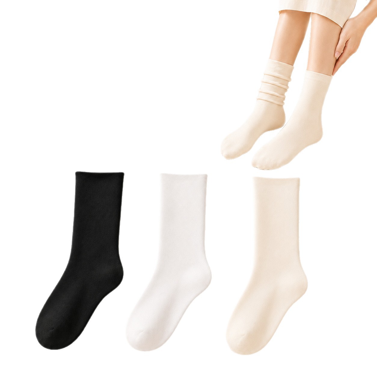 Sock stall, one-piece consignment, white pile socks for girls, mid-calf socks for all four seasons with small leather shoes, boneless postpartum socks for autumn and winter, long socks wholesale, one-piece consignment Item Picture