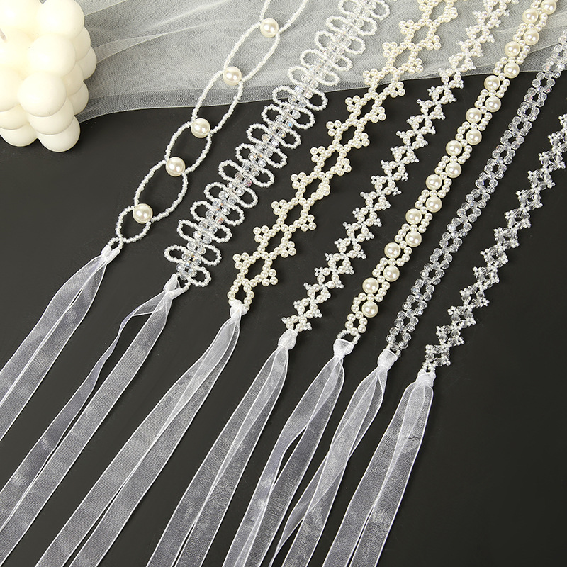 New pearl hair band, dual-purpose ribbon hair accessory, white lace long ribbon braided hair band, butterfly headwear manufacturer wholesale Specification image
