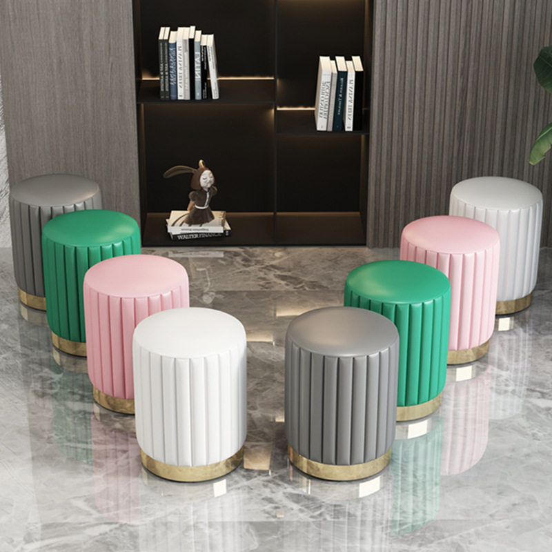 北欧梳妆凳网红轻奢化妆凳家用换鞋凳客厅沙发凳子皮艺收纳小圆凳图