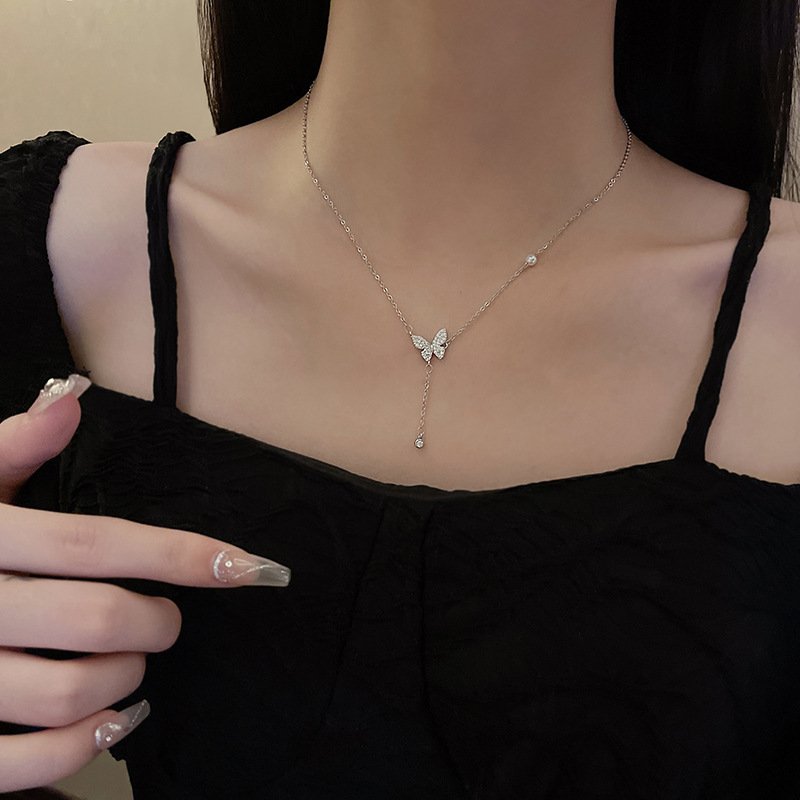 Korean-style design butterfly zircon tassel titanium steel necklace, a versatile, niche and light luxury collarbone chain accessory with a cold style details Picture