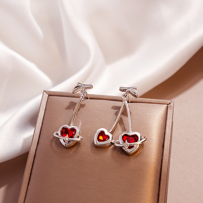 Silver Needle Designer Cherry Series Red stitching asymmetrical love Pendant earrings Personality light luxury studs earrings