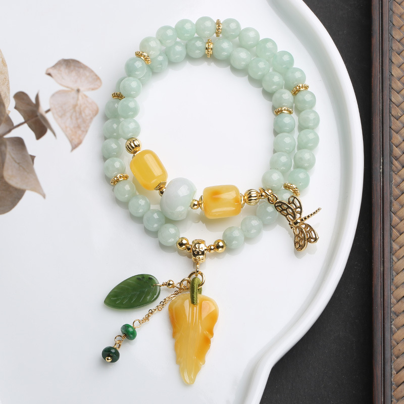 Natural double-layer jade bracelet, beeswax jade mixed and matched multi-circle bracelet, hanging jade leaf dragonfly women's style, sent on behalf