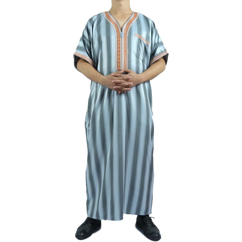 非洲男士服装 摩洛哥长袍 阿拉伯夏季短袖条纹长袍详情图2