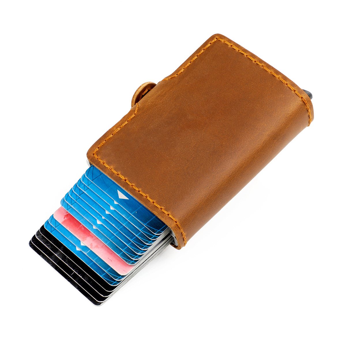 Crazy Horse Leather Aluminum Box Double-Layer Card Bag Anti-Theft Brush Automatic Pop-Up Card Bag Creative Manual Dollar Clip Real Pickup Sleeve Item Picture