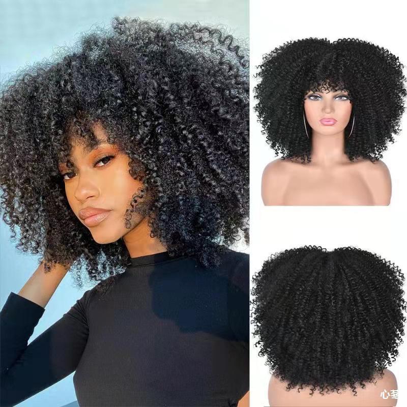 Cross-border European and American black chemical fiber women's hair manufacturer wigs African small curly hair explosion wig full head set details Picture
