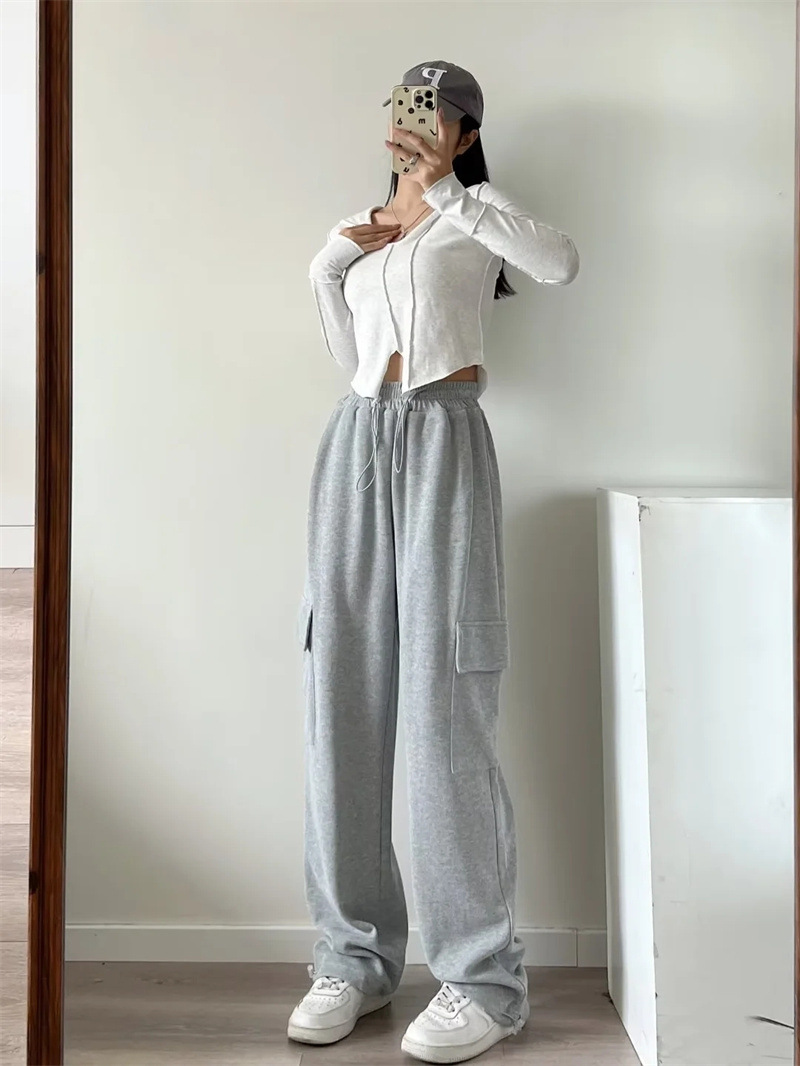 European and American style high-waisted slimming women's work pants, personalized pocket long pants, 2022 autumn new loose drawstring sport pants Application Scenario