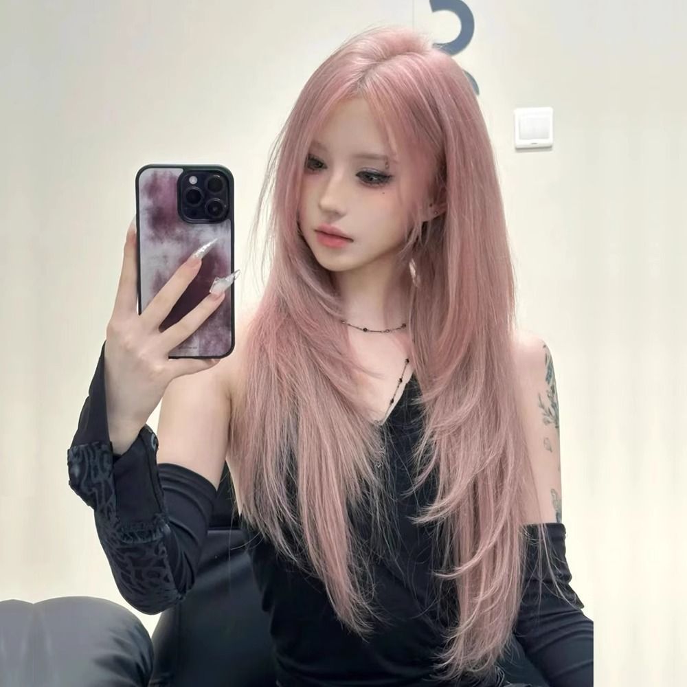 假发女全头套长直发y2k辣妹lolita甜酷cos中分高层次粉色假发