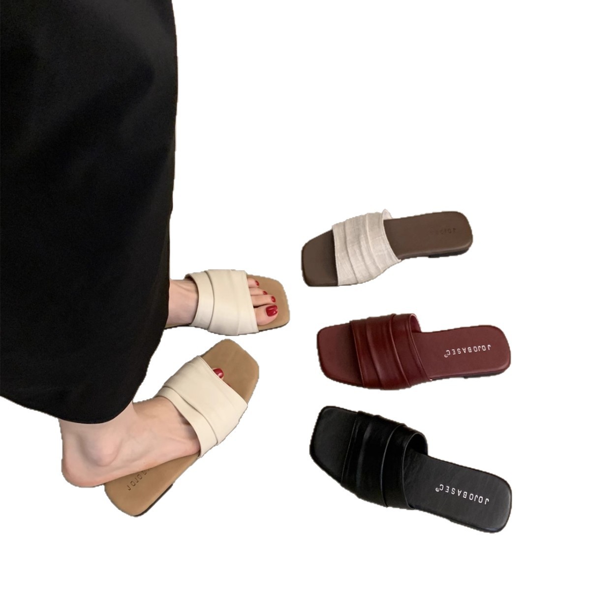 Korean-style flip-flops, pleated soft leather one-shoulder slippers, women's outerwear, summer with skirts, casual vacation beach shoes Item Picture