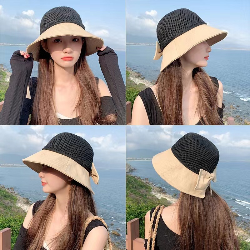 Hat Women's Spring Summer Fashion Sunblock Hat Mesh Woven Fisherman Hat Bow Sun Hat Wholesale details Picture
