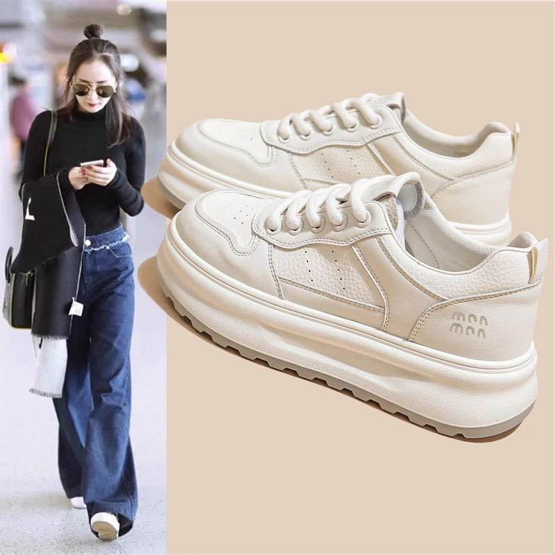 头层牛皮～真皮厚底小白鞋女鞋子百搭板鞋2025新款透气休闲运动鞋