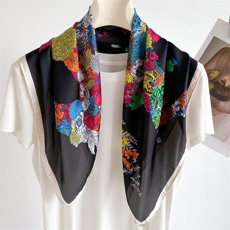 Flower Horse Light Luxury Scarf Match Color Silk Scarf Imitation Silk 70X70cm Scarf Women's Square Shawl Travel Scarf Specification drawing