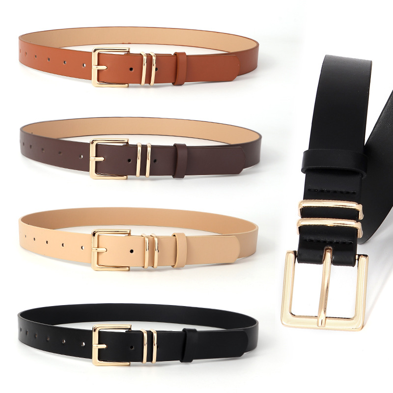 亚马逊跨境简约女士腰带装饰牛仔裤裙子高级感金色针扣双圈皮带女