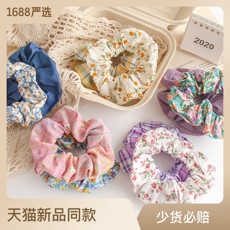 新款少女法式大肠圈碎花格子韩国发圈复古百搭布艺发绳网红发饰