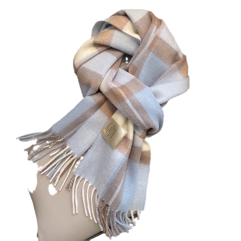 Australian wool British checkered scarf for women's winter warmth, versatile and fashionable pure wool thickened tassel scarf Item Picture