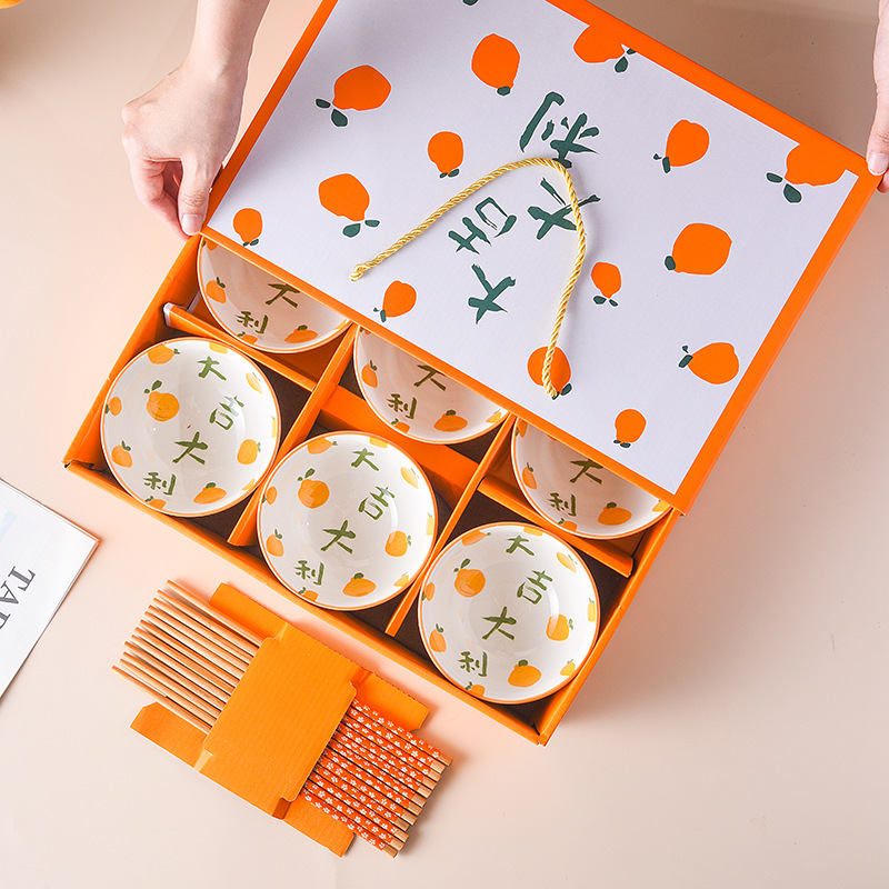 [Six Bowls Six Chopsticks] Household High Appearance Level Great Dagitali Gift Box With Ceramic Bowl Chopsticks Business Wholesale Hand Gift details Picture