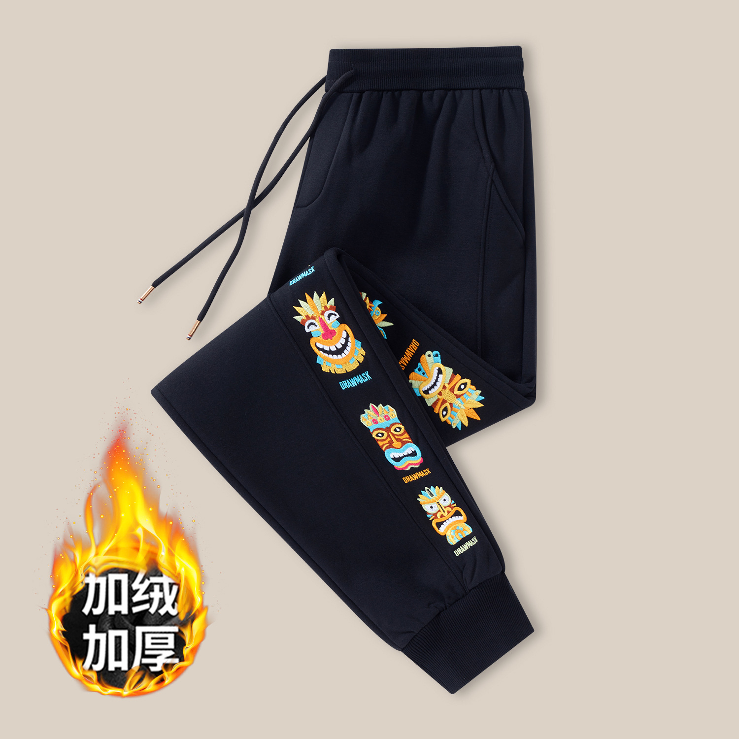 国潮新款加绒男士休闲裤男装束脚运动长裤刺绣潮牌宽松大码宽松秋冬季