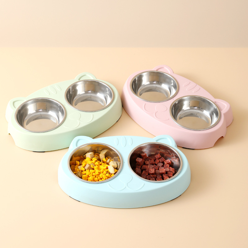 Ins-style macaron thickened export quality two-in-one pet bowl, big-eyed cute cat with stainless steel cat double bowl