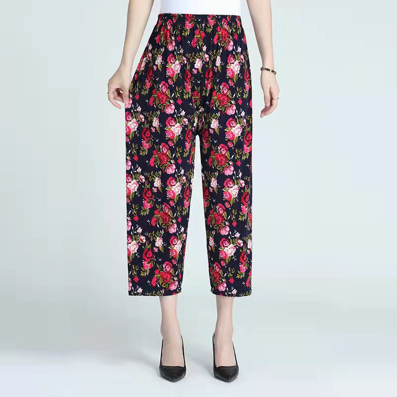 Summer cool thin ice silk women's pants, striped women's floral pants, 9/7/floral pants, casual pants for middle-aged and elderly mothers Application Scenario