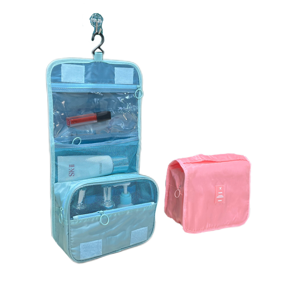 A modern, simple, waterproof travel bag with a large capacity and a hook for toiletries. It is a portable hand-held toiletries and cosmetics storage bag