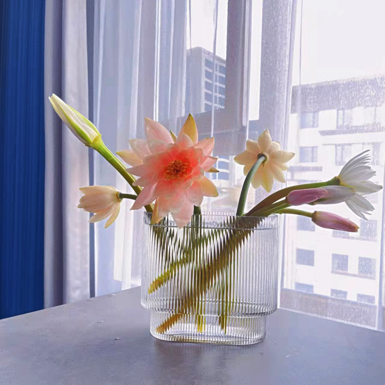 竖条纹火炬玻璃花瓶透明北欧风办公室客厅水培花瓶鱼缸餐桌装饰