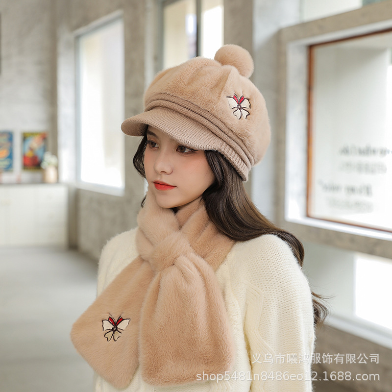 Autumn And Winter New Knitted Cap Scarf Two Sets Of Warm Lovely Bicycle Windproof Butterfly Embroidery Spot details Picture
