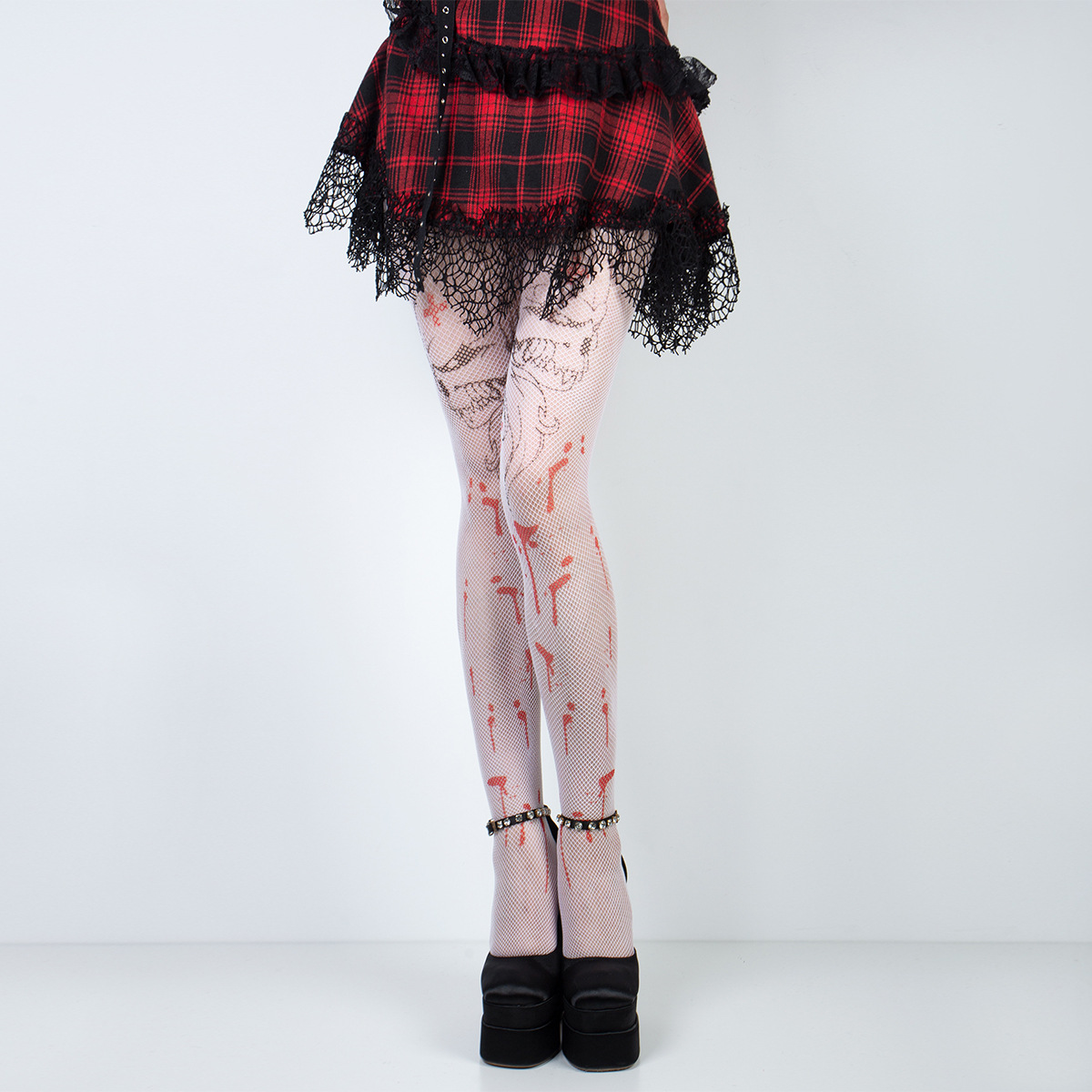 跨境欧美印花红血鬼头小网白色万圣节派对打底连裤渔网小网格网袜