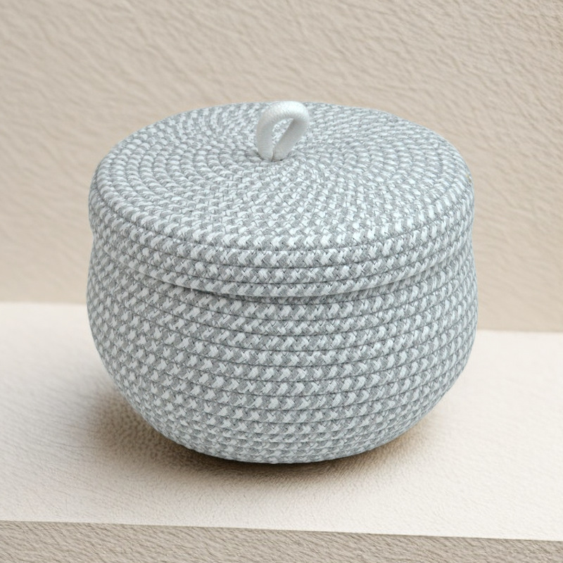 Desktop Storage Basket With Cover Dustproof Cosmetics Snacks Sundry Round Storage Basket Handmade Cotton Rope Woven Egg Basket Specification drawing