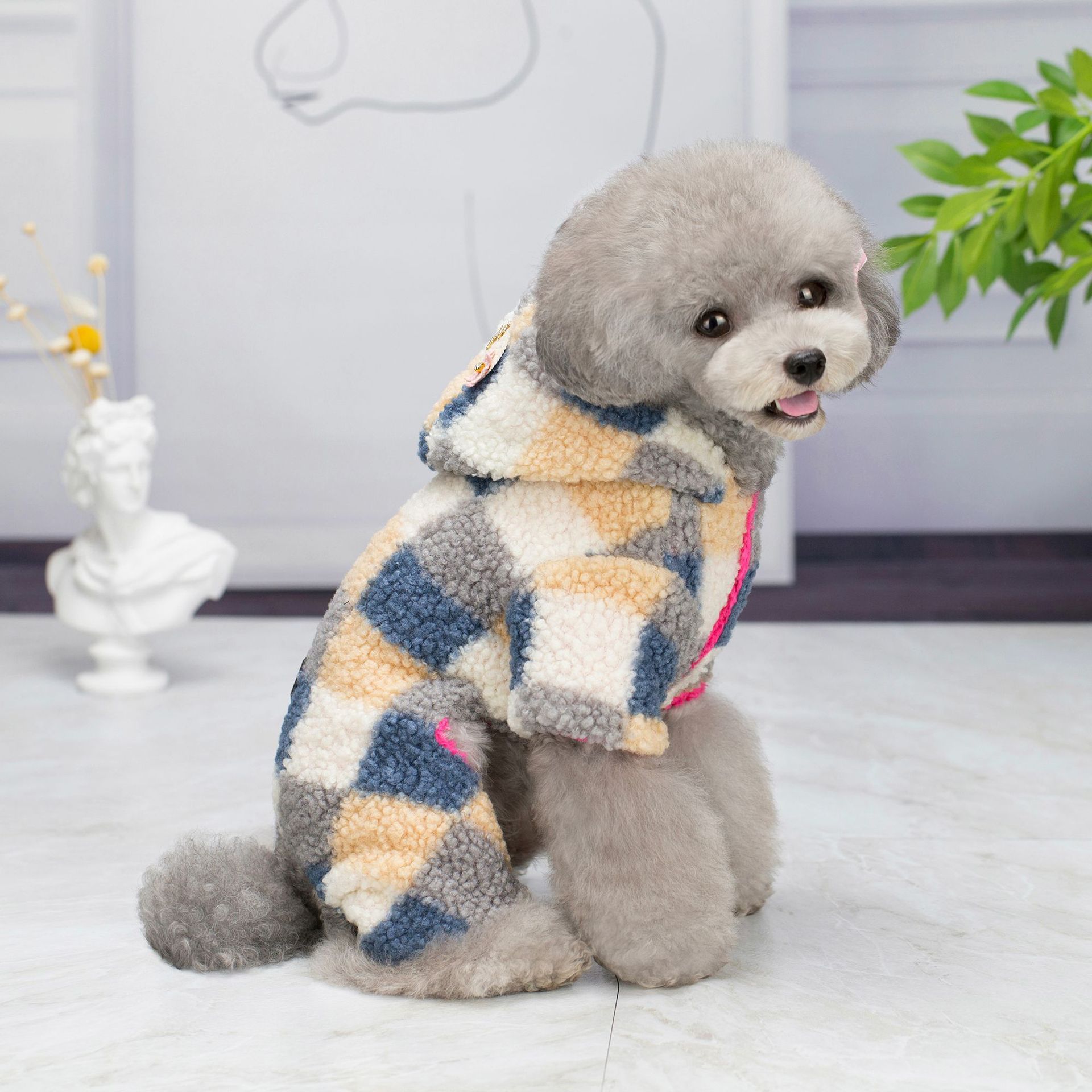 T in-stock thickened teddy fleece clothes, warm dog clothes for autumn and winter, four-legged checked cotton clothes, pet four-legged clothes