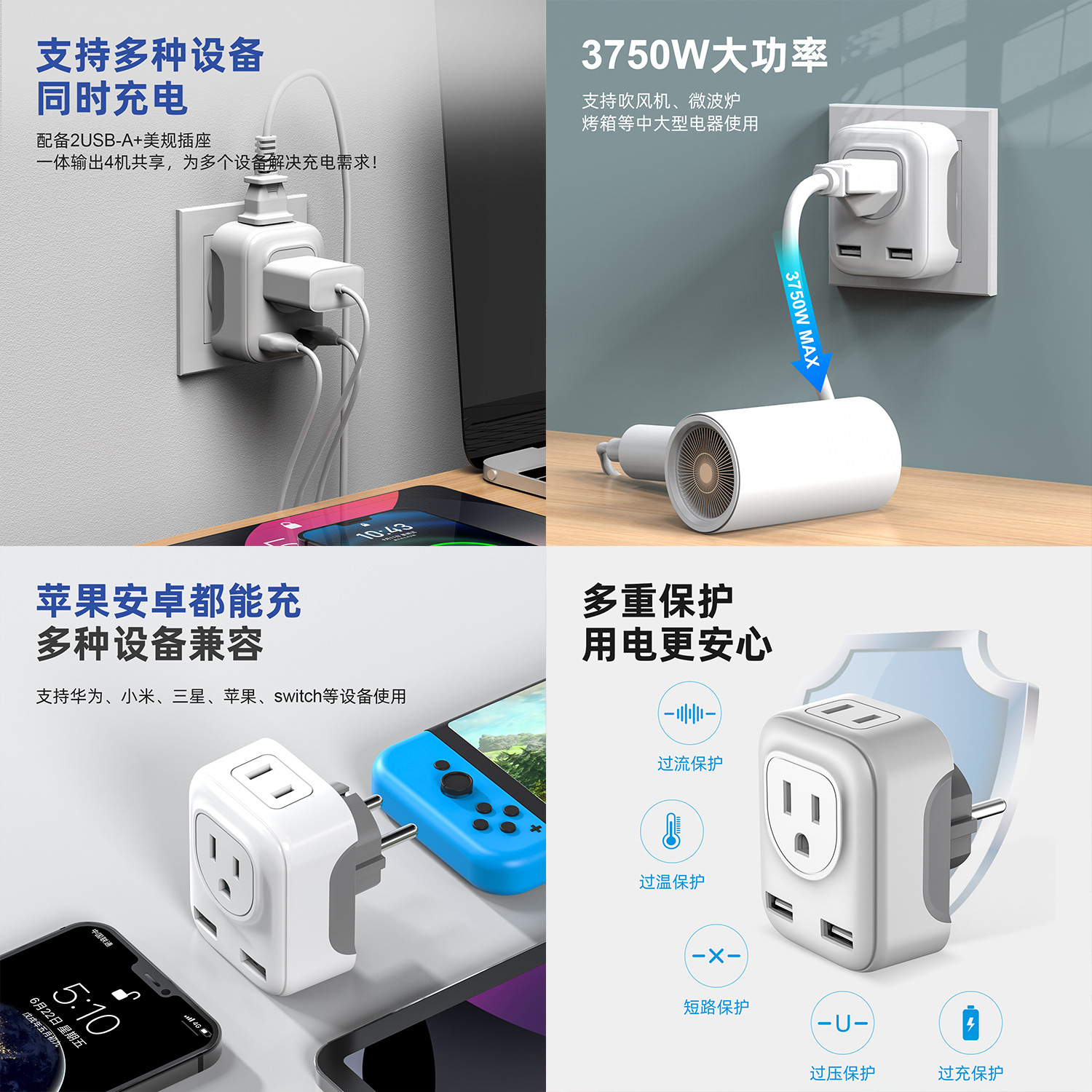 High-power German to American standard conversion socket 2usb output European to American standard mini conversion plug Specification image