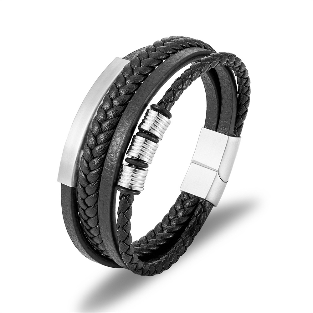 Cross-Border Foreign Trade Simple Stainless Steel Leather Rope Bracelet Europe And The United States Popular Multi-Layer Black Leather Woven Men's Bracelet Specification drawing