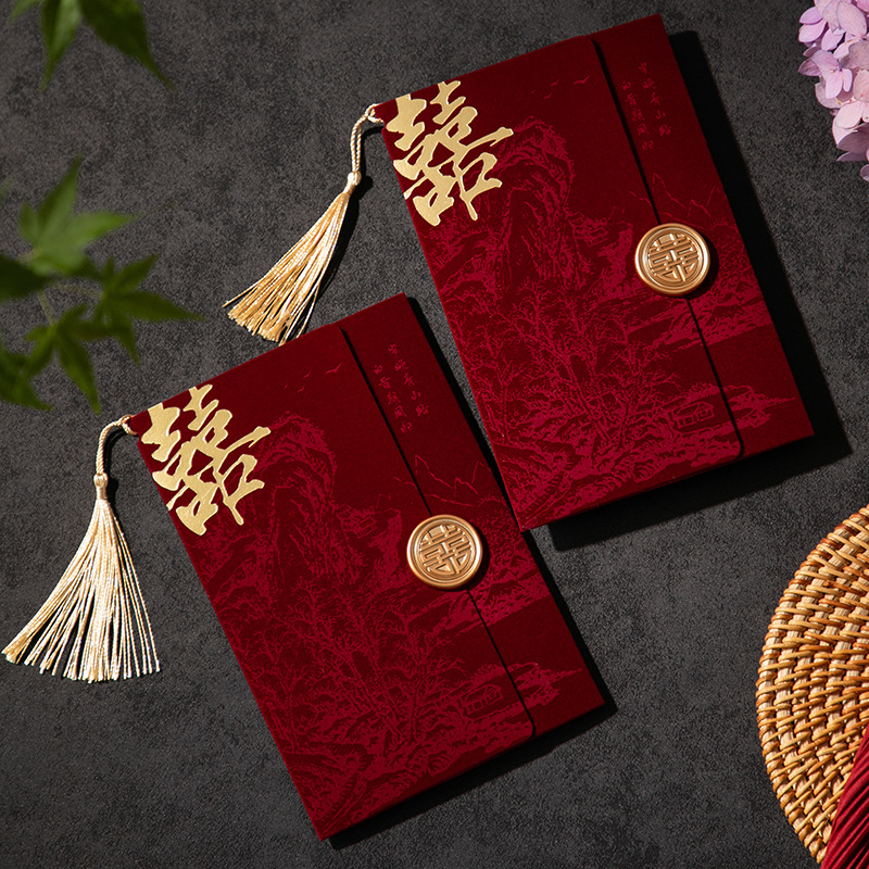 Wedding invitation letter, velvet cloth, wine red tassels, wedding characters, lacquer stickers, Chinese-style invitations, Chinese-style wedding invitations, wedding details Picture