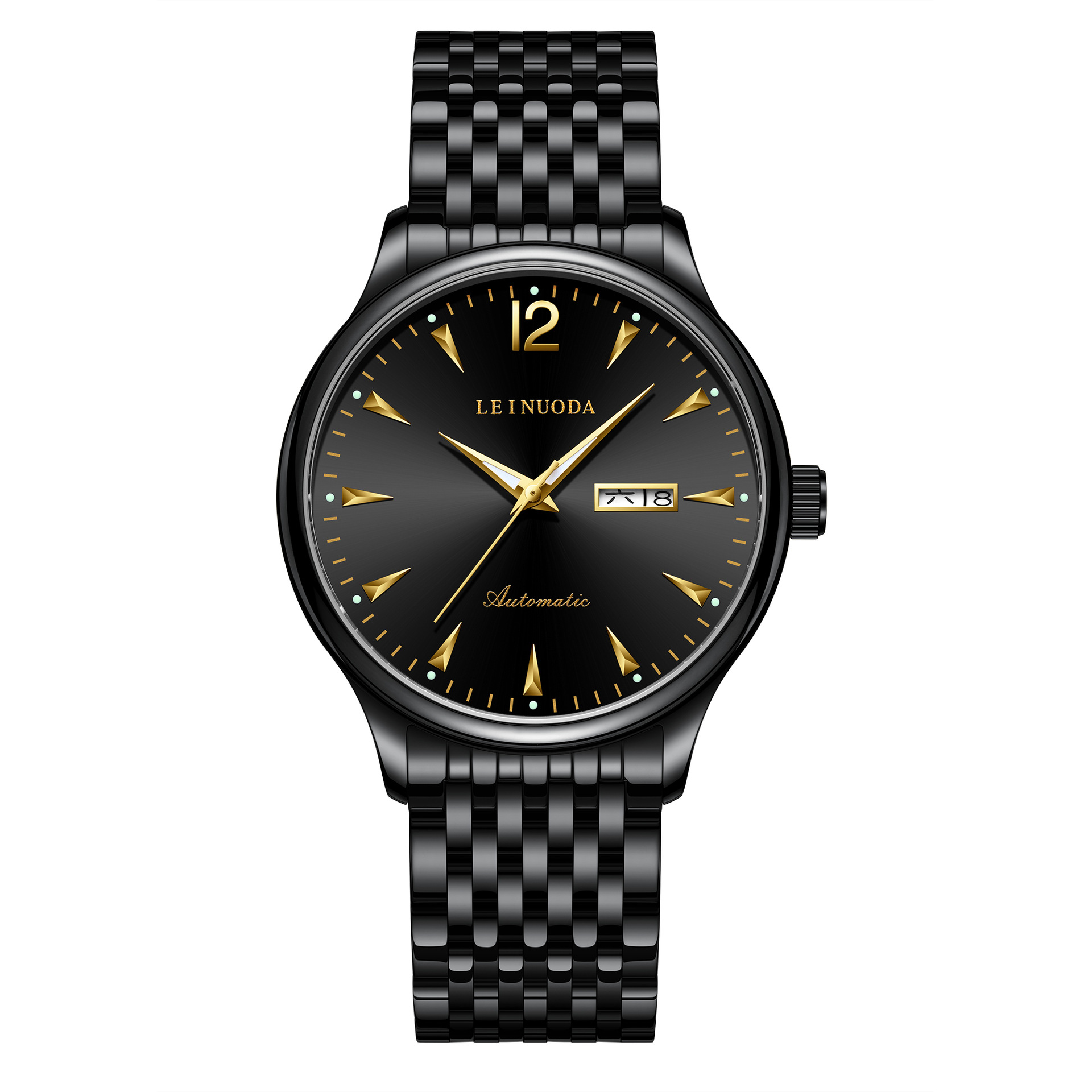 Men's water-resistant double calendar stainless steel bar dial automatic mechanical watch, fashionable and cool black business wristwatch Item Picture